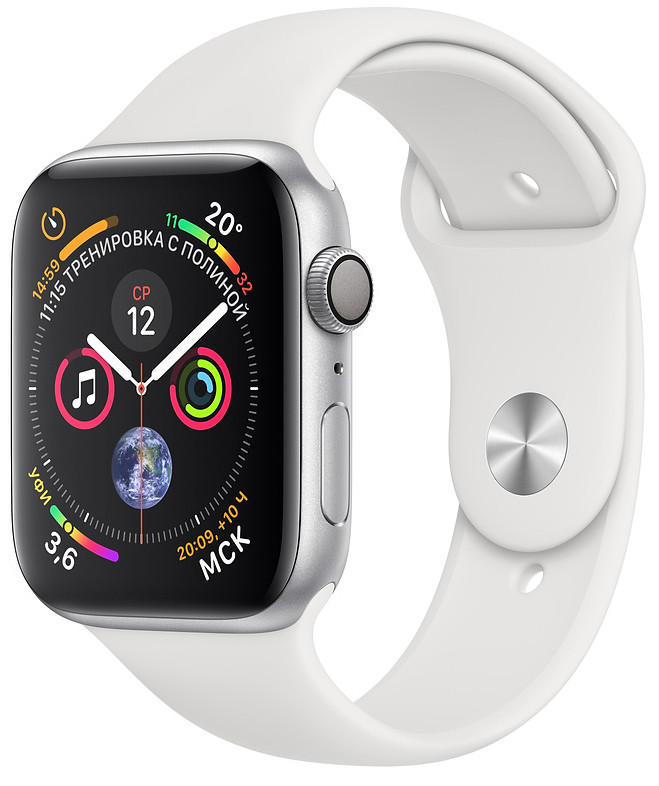 Умные часы Apple Watch Series 4, 40 мм, корпус из серебристого алюминия, спортивный ремешок белого цвета
