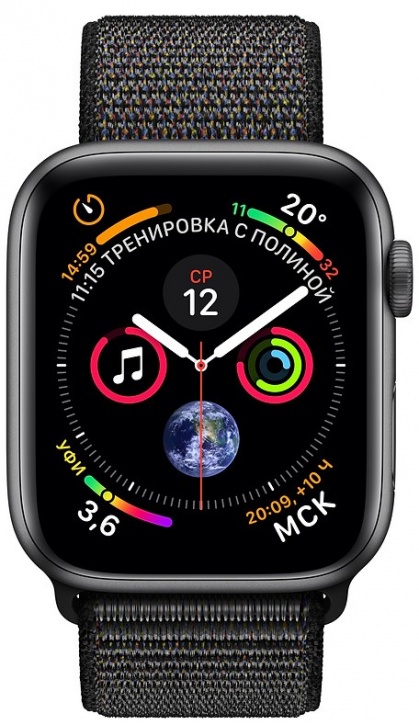 Умные часы Apple Watch Series 4, 44 мм, корпус из алюминия цвета «серый космос», спортивный браслет черного цвета (серый)