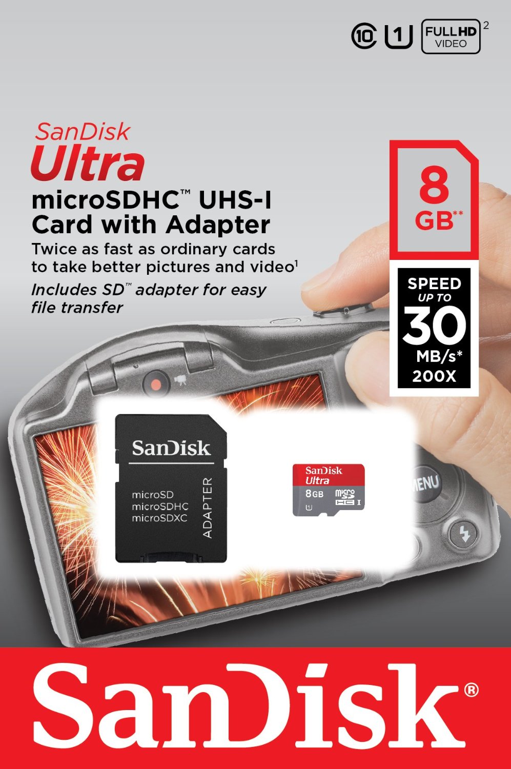 Карта памяти SanDisk Micro SDHC Ultra 200X 8GB Class 10 Переходник в комплекте (SDSDQUI-008G-U46)