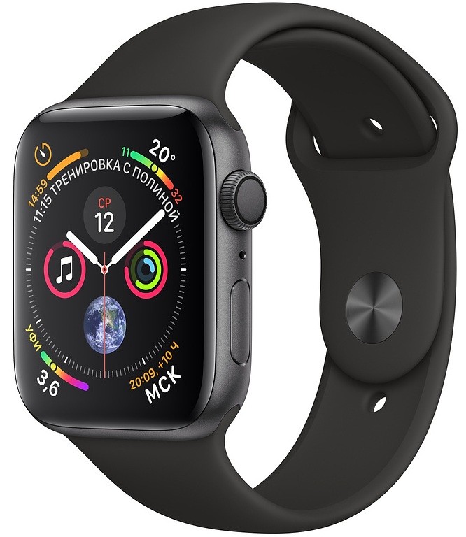 Умные часы Apple Watch Series 4 (MU6D2), 44 мм, корпус из алюминия цвета «серый космос», спортивный ремешок черного цвета