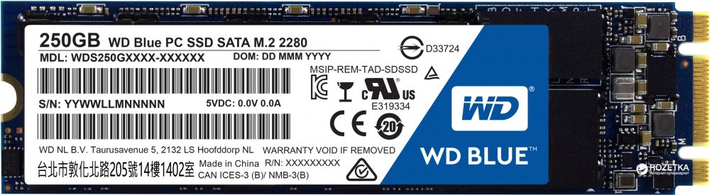SSD Диск Western Digital Blue, 250Gb, M.2, SATA III, SSD (WDS250G2B0B)