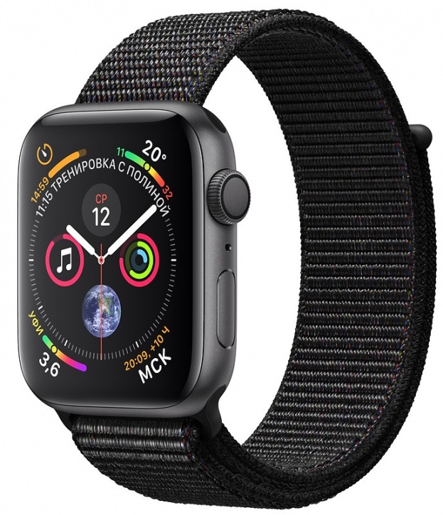 Умные часы Apple Watch Series 4, 44 мм, корпус из алюминия цвета «серый космос», спортивный браслет черного цвета (серый)
