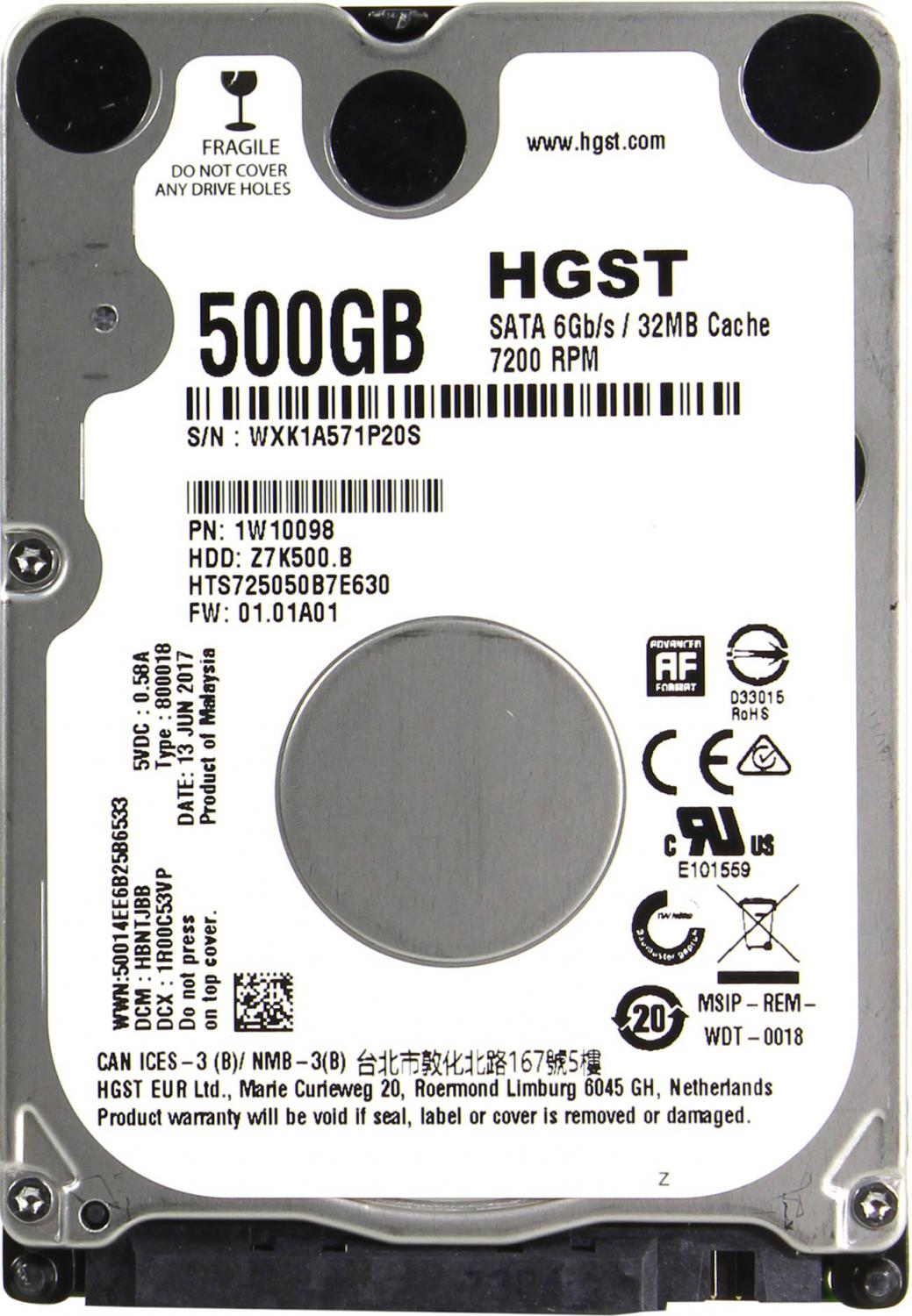 Жесткий диск HGST Travelstar Z7K500.B, 500Gb, 2.5", SATA III, HDD (HTS725050B7E630)