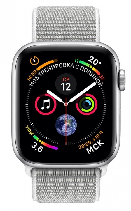 Умные часы Apple Watch Series 4, 44 мм, корпус из серебристого алюминия, спортивный браслет цвета «белая ракушка» (серебристый)