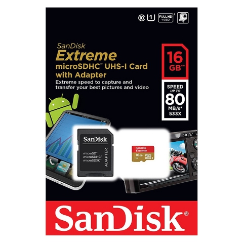 Карта памяти SanDisk Micro SDHC Extreme 533X 16GB Class 10 Переходник в комплекте (SDSDQX-016G-U46A)