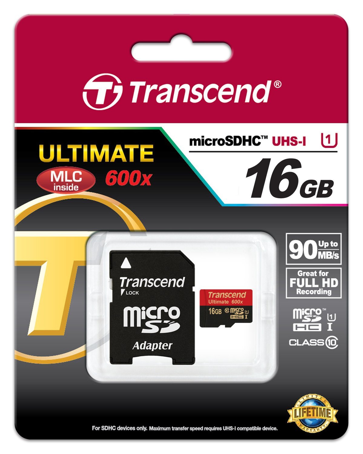 Карта памяти Transcend Micro SDHC Ultimate 600X 16GB Class 10 Переходник в комплекте (TS16GUSDHC10U1)