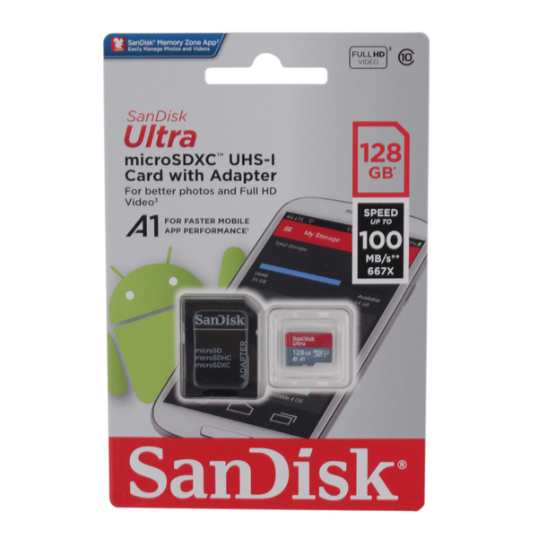 Карта памяти SanDisk Micro SDXC Ultra 128GB Class 10 Переходник в комплекте (SDSQUAR-128G-GN6MA)